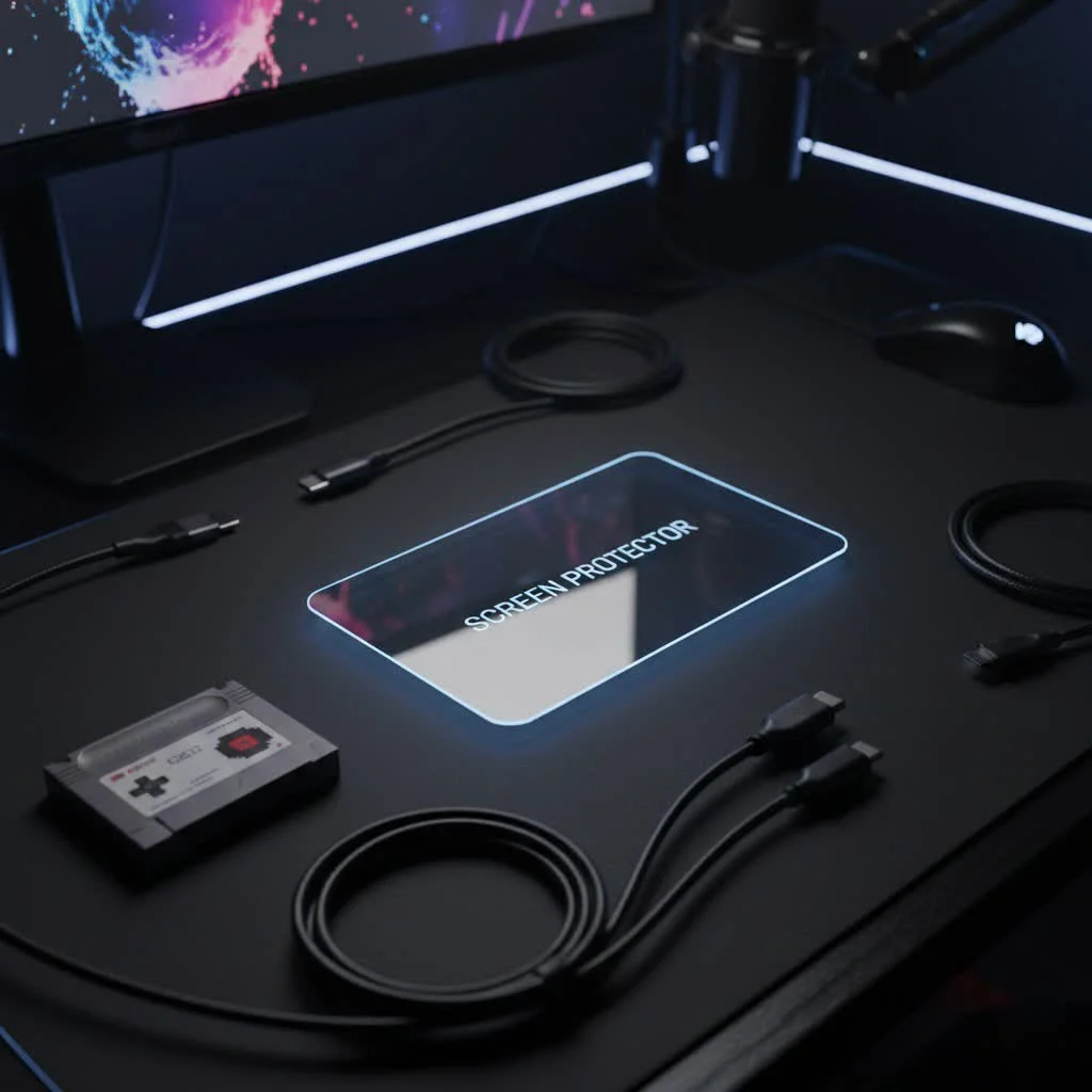 Steam Deck with a screen protector applied, showing a clear display